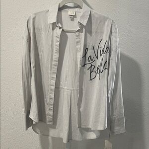 a new day White and Black Pinstriped Button-Up Shirt with 'La Vida Bella' Script